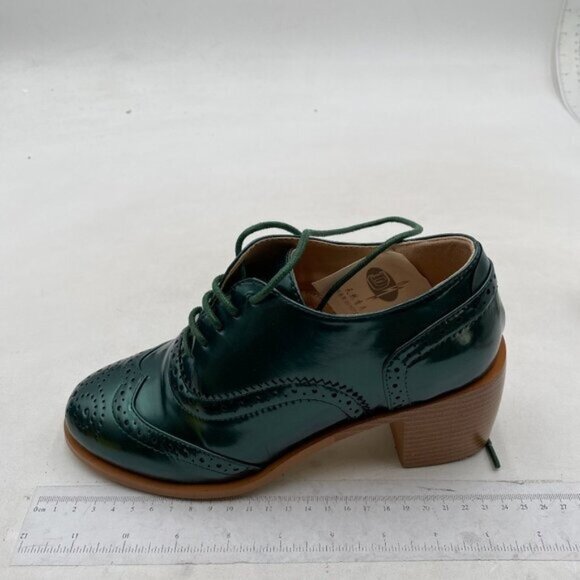 FOWT Green Perforated Lace-Up Oxfords Almond Toe Chunky Heel - Main Image